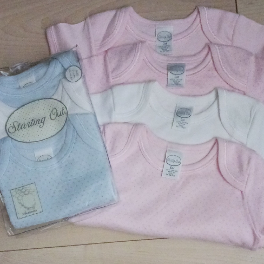 Starting Out Baby Onesie Bodysuits - Blue, Pink, & White